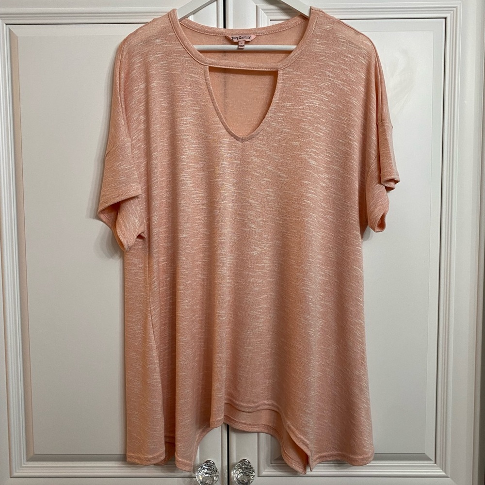 Juicy Couture Women’s Size Large Pink Short Sleeve Tunic V Neck Uneven Hem EUC